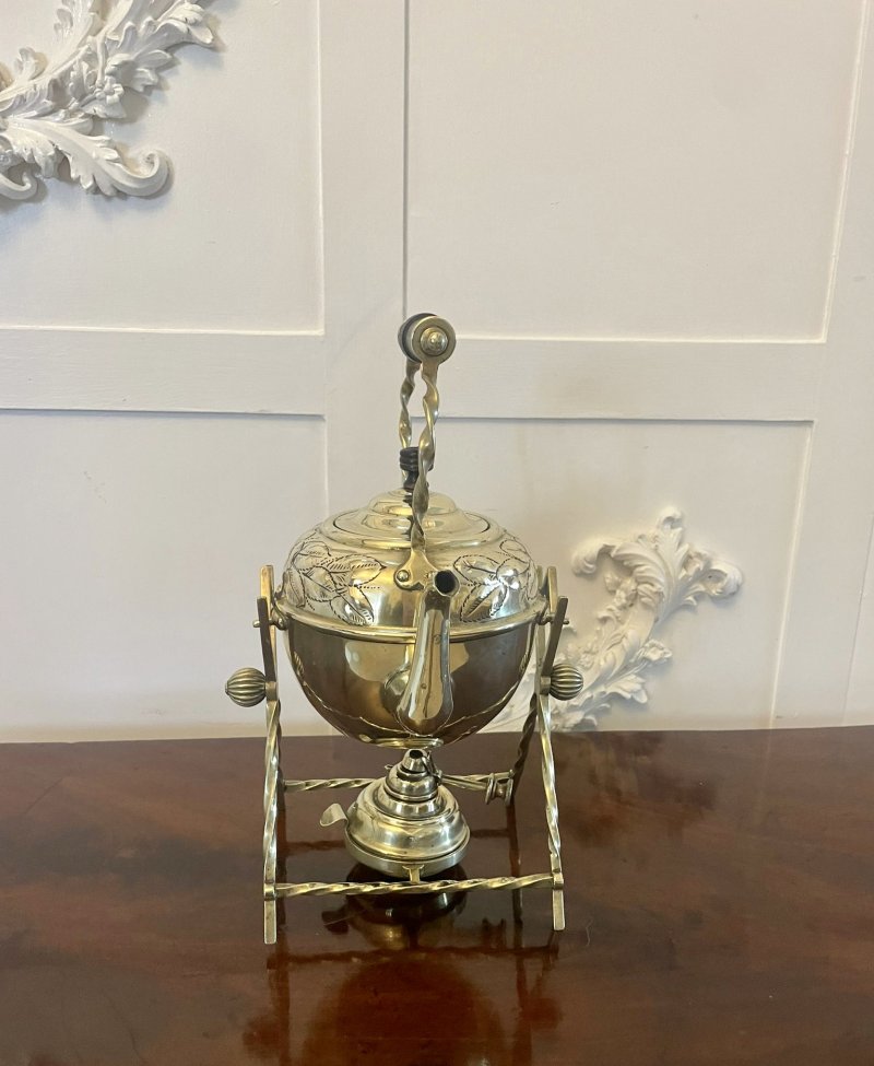 Antique Victorian Quality Brass Spirit Kettle on Stand - Image 7